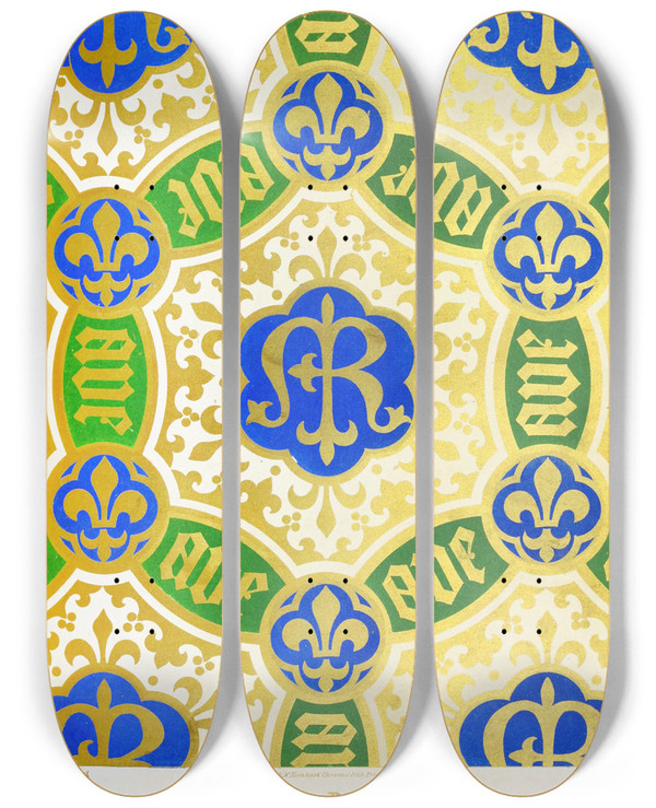 Triptych art skateboard deck of Augustus Pugin Patterns For Diapering 1 by Augustus Pugin (1812-1852)