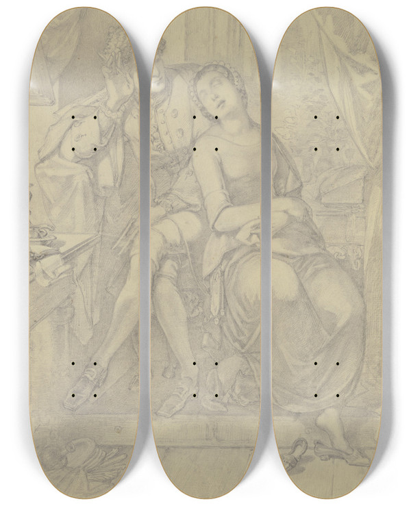 Triptych art skateboard deck of Ferdinand Fellner Ein Dichter Bei Einem Eingeschlafenem Mdchen by Ferdinand Fellner (1799-1859)