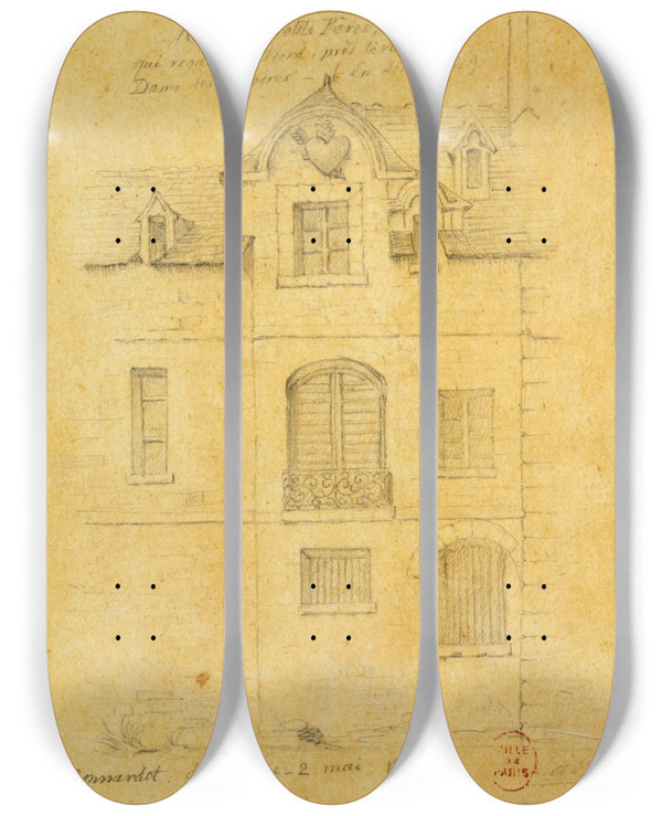 Triptych art skateboard deck of Alfred Bonnardot Restes Du Couvent Des Petits Pres by Alfred Bonnardot (1808-1884)