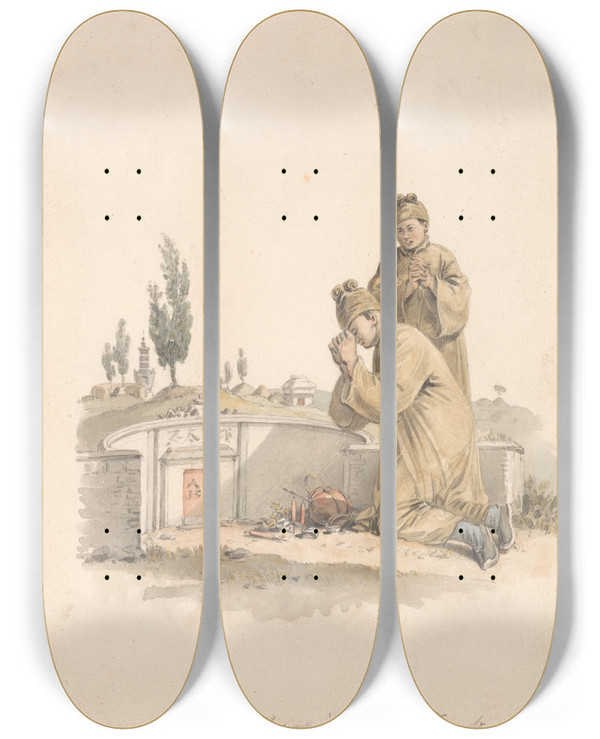 Triptych art skateboard deck of William Alexander Mourning At A Tomb by William Alexander (1767-1816)