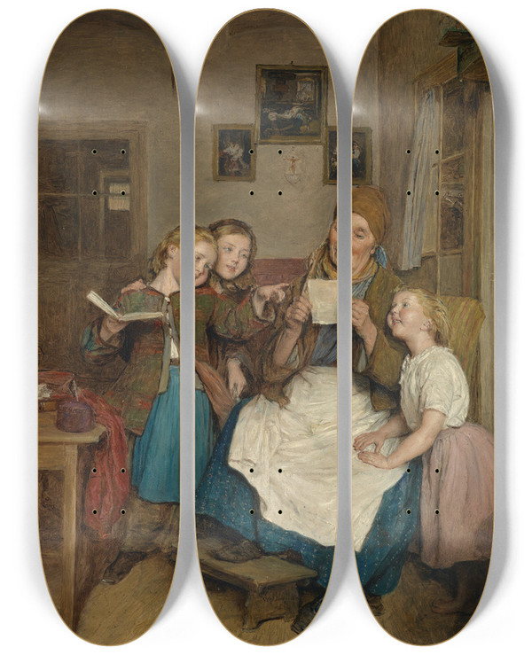 Triptych art skateboard deck of Ferdinand Georg Waldmller Gromutter Mit Drei Enkelkindern by Ferdinand Georg Waldmuller (1793-1865)