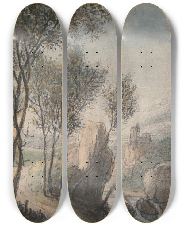 Triptych art skateboard deck of Antonie Waterloo River Landscape With A Castle In The Distance by Antonie Waterloo (1609-1690)