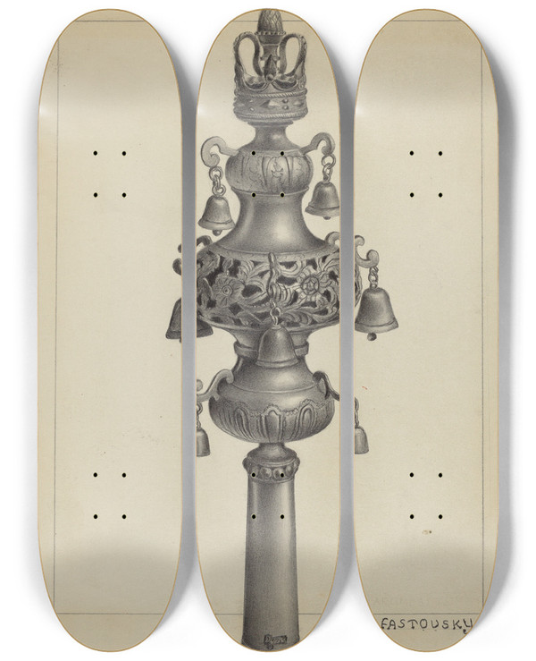 Triptych art skateboard deck of Aaron Fastovsky Silver Ornament For Scroll by Aaron Fastovsky
