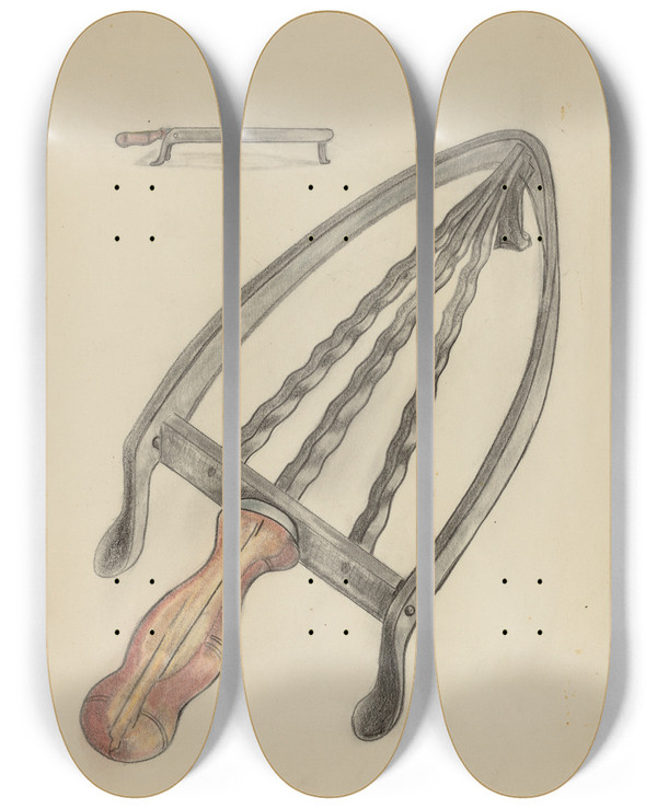 Triptych art skateboard deck of Columbus Simpson Flat Iron Stand by Columbus Simpson