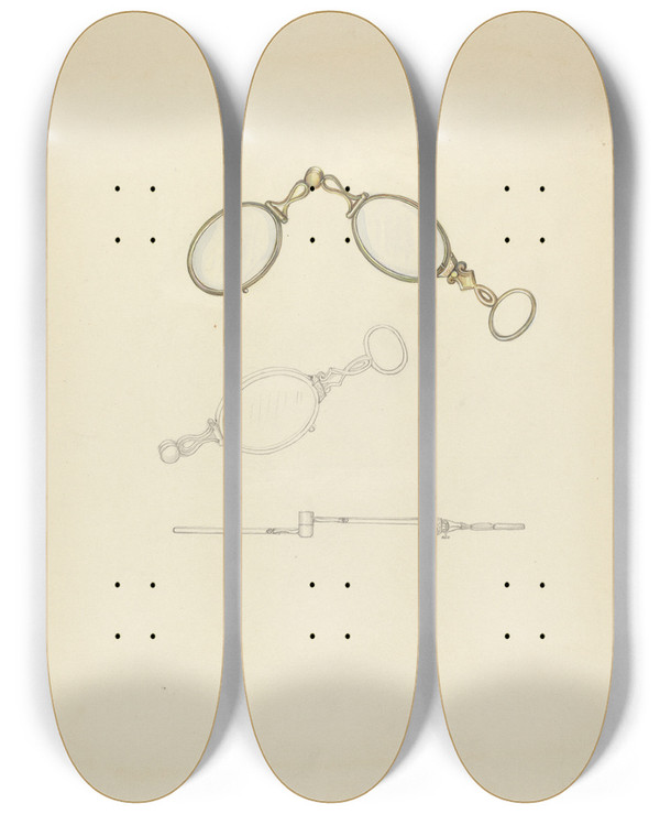 Triptych art skateboard deck of Sylvia De Zon Lorgnette by Sylvia De Zon