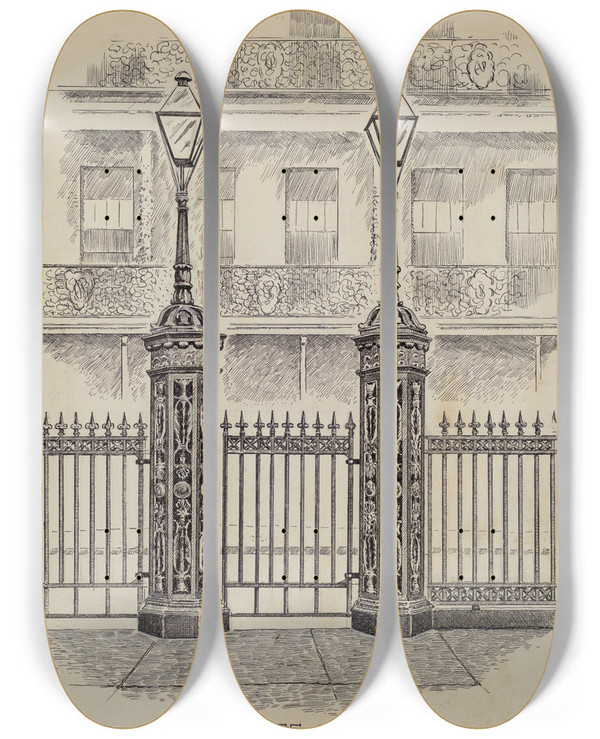 Triptych art skateboard deck of Al Curry Cast Iron Gate And Fence_2 by Al Curry (20-)