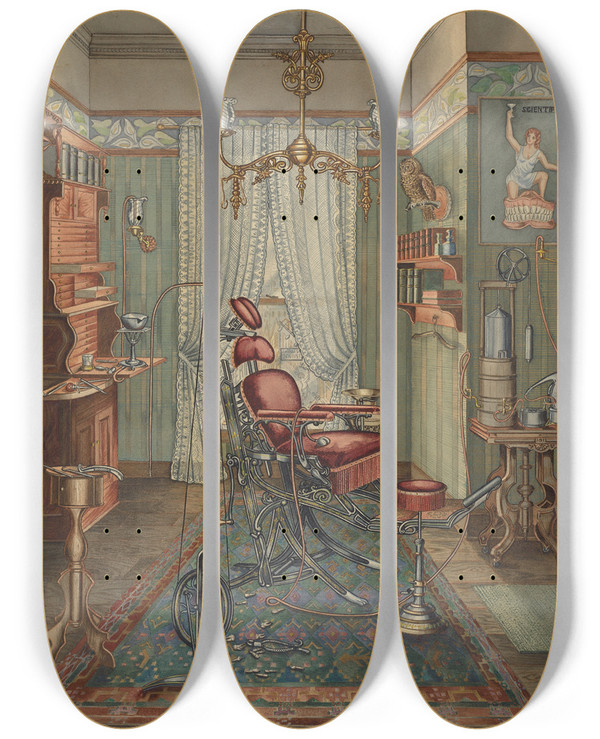 Triptych art skateboard deck of Perkins Harnly Dentists Operating Room by Perkins Harnly (1901-1986)
