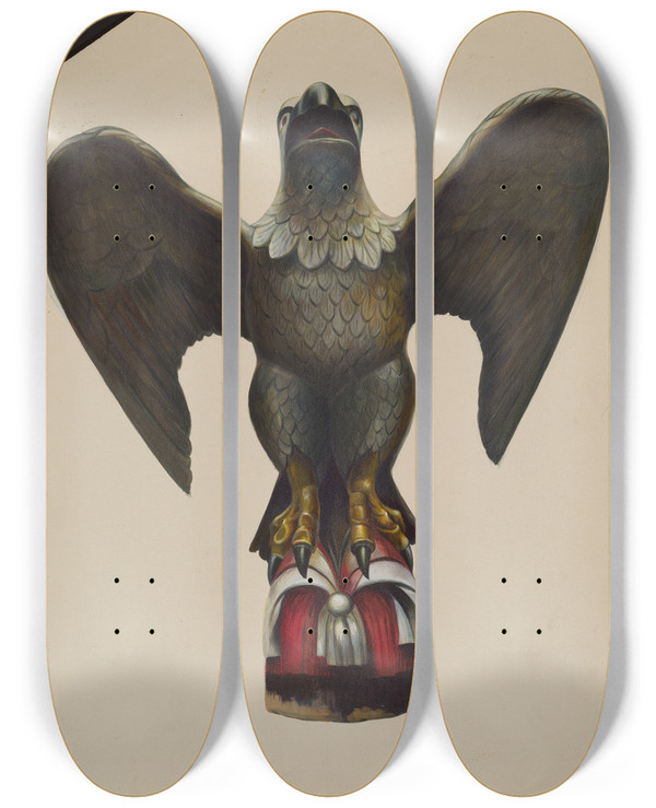 Triptych art skateboard deck of Walter Hochstrasser Pilot House Figure Eagle by Walter Hochstrasser (20-)