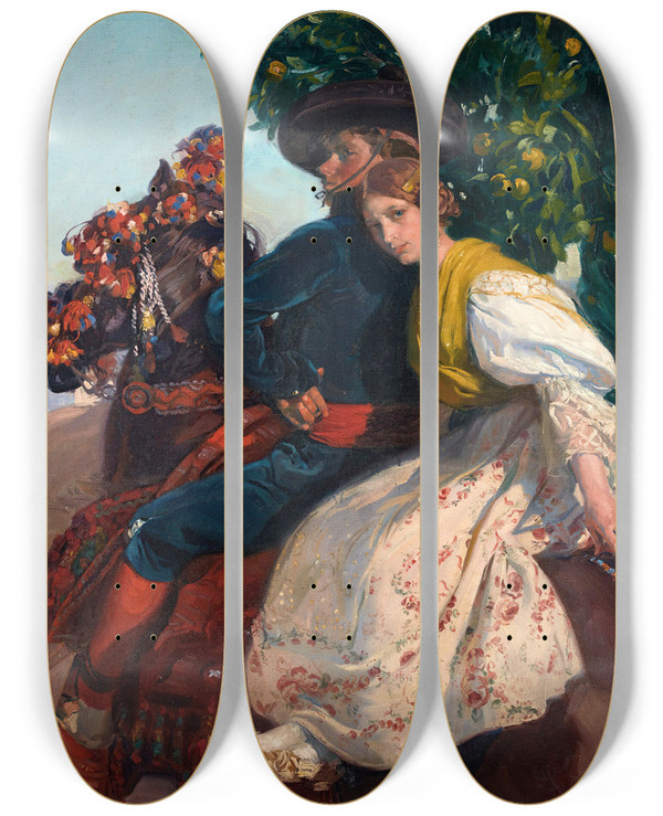 Triptych art skateboard deck of Jos Mongrell Grupa Valenciana by Jose Mongrell (1870-1937)