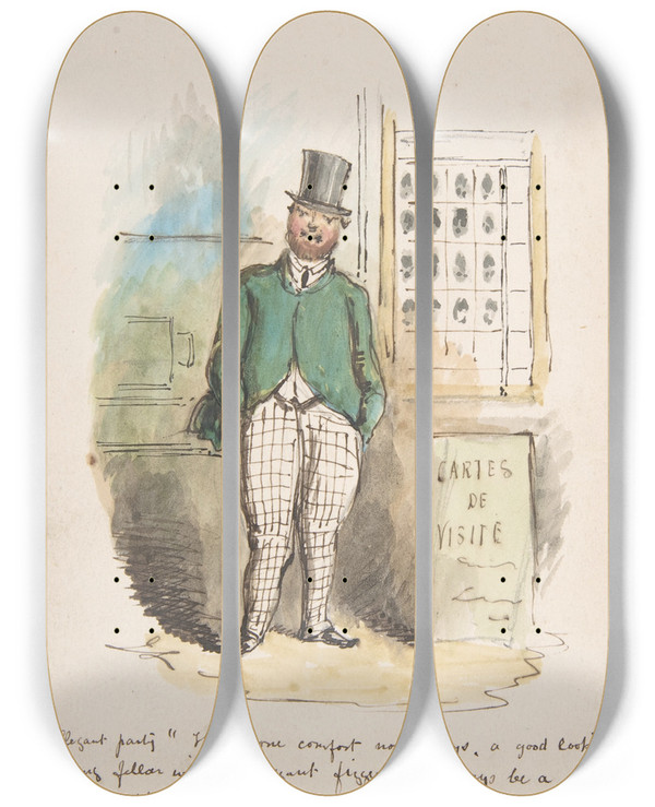 Triptych art skateboard deck of John Leech Comic Sketch by John Leech (1817-1864)