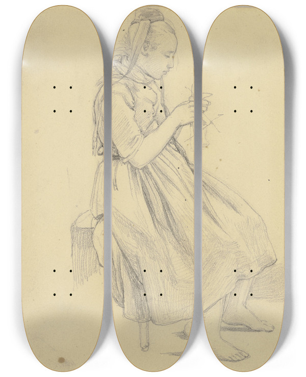 Triptych art skateboard deck of Jakob Becker Strickendes Mdchen In Tracht by Jakob Becker (1810-1872)