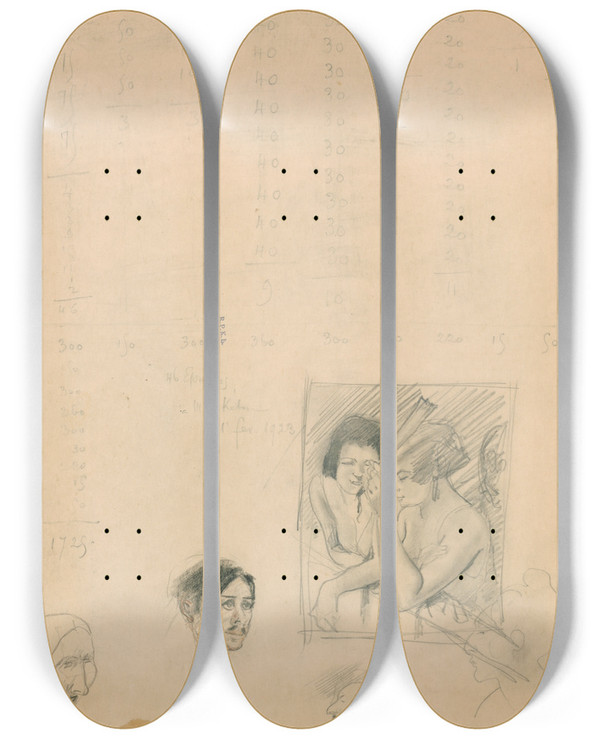 Triptych art skateboard deck of Armand Rassenfosse Studies by Armand Rassenfosse (1862-1934)