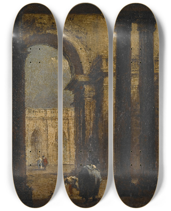 Triptych art skateboard deck of Francesco Guardi Capriccio A Palace Courtyard by Francesco Guardi (1712-1793)