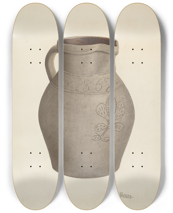 Triptych art skateboard deck of Richard Barnett Stoneware Pitcher by Richard Barnett
