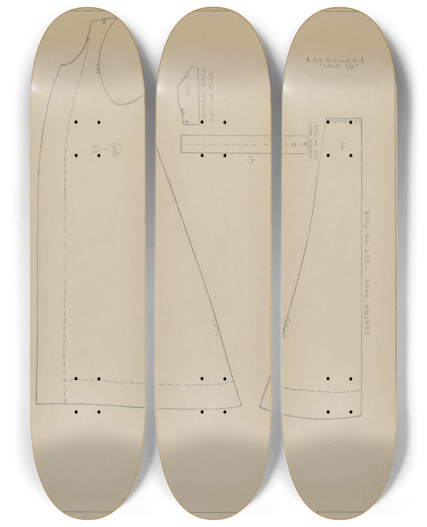 Triptych art skateboard deck of Mina Greene Womans Coat Pattern by Mina Greene