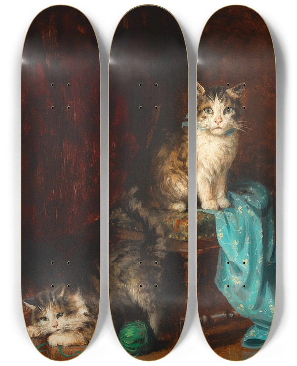 Triptych art skateboard deck of Jules Le Roy Kittens Playing The Model by Jules Le Roy
