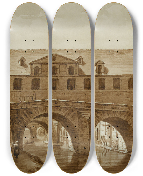 Triptych art skateboard deck of Augustesbastien Bnard Le Pont Au Double by Auguste-Sbastien Bnard (1810-1873)