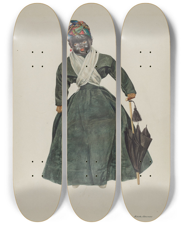 Triptych art skateboard deck of Edith Towner Doll Hannah Hitch by Edith Towner (20-)