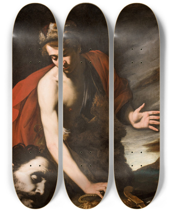 Triptych art skateboard deck of Antonio De Bellis David With Head Of Goliath by Antonio De Bellis (1616-1656)