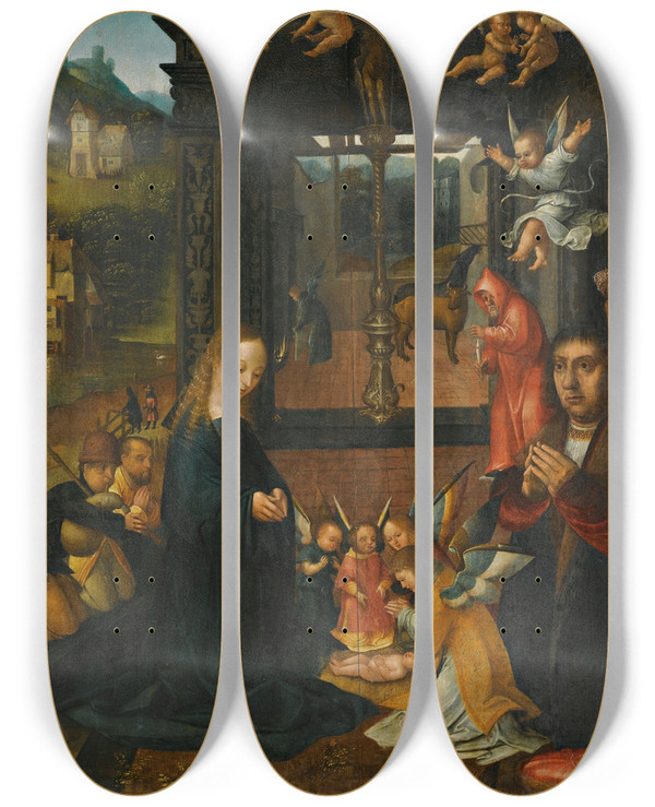 Triptych art skateboard deck of Netherlandish School The Nativity With A Donor And His Wife by Netherlandish School