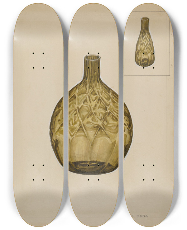 Triptych art skateboard deck of John Dana Flask Liquor by John Dana (1935)