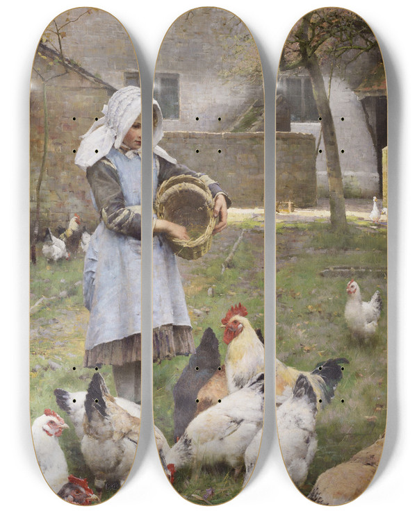 Triptych art skateboard deck of Walter Frederick Osborne Feeding The Chickens by Walter Frederick Osborne (1859-1903)