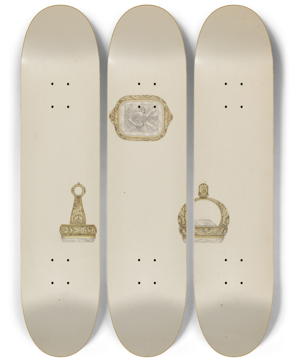 Triptych art skateboard deck of Eliseo Rodriguez Fob Seal by Eliseo Rodriguez