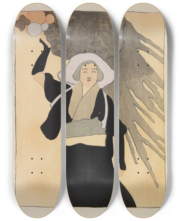 Triptych art skateboard deck of Asai Ch Mokugo Zuansh Pl02 by Asai Ch (1856-1907)
