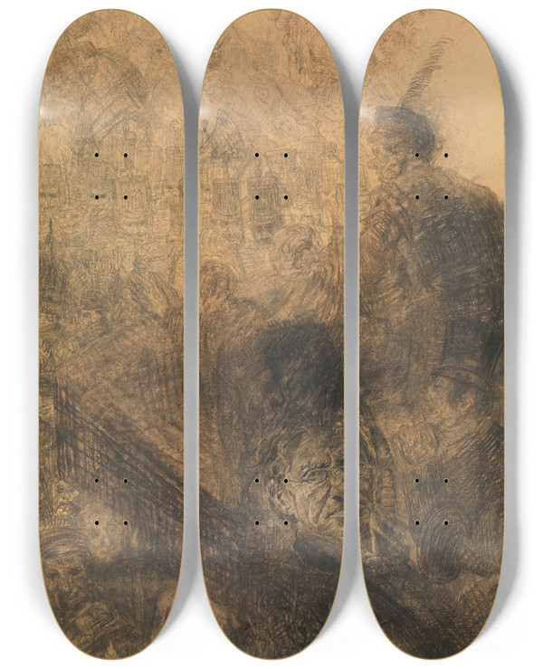 Triptych art skateboard deck of James Ensor Christs Entry Into Jerusalem by James Ensor (1860-1949)