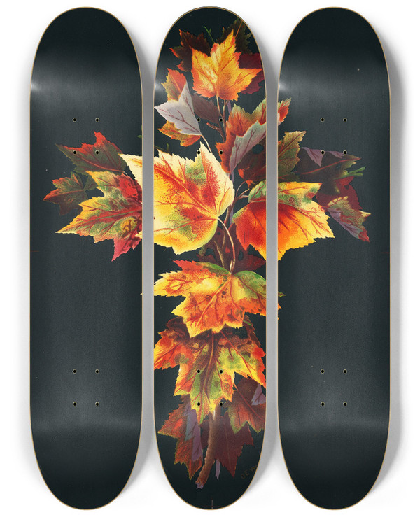Triptych art skateboard deck of Olive E Whitney Autumn Leaves by Olive E Whitney (1861-1897)