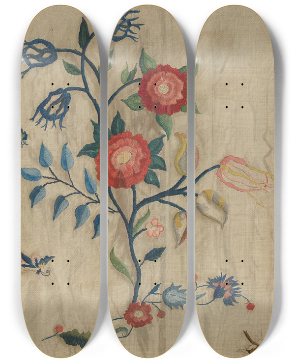 Triptych art skateboard deck of Mildred E Bent Bed Canopy Detail by Mildred E Bent