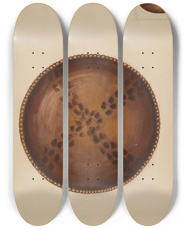 Triptych art skateboard deck of Mina Lowry Pie Plate by Mina Lowry (1894-1942)