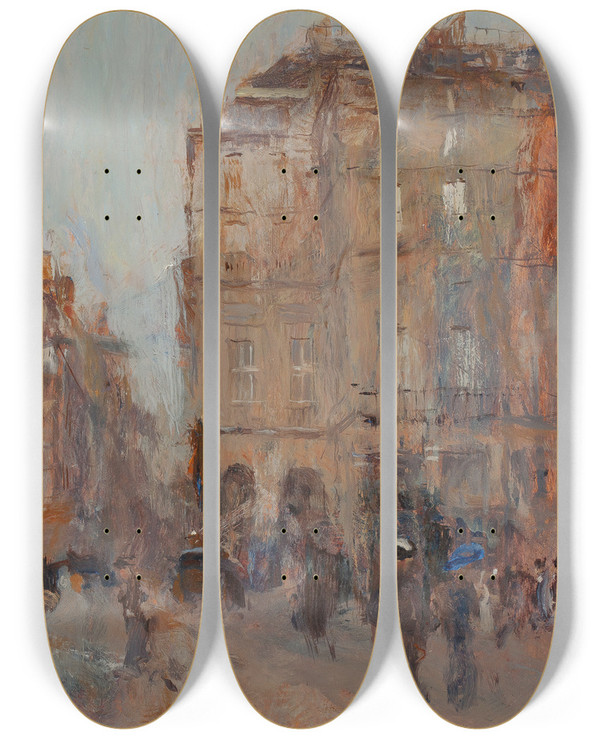 Triptych art skateboard deck of Frank Edwin Scott A Gray Day In Paris by Frank Edwin Scott (1863-1929)