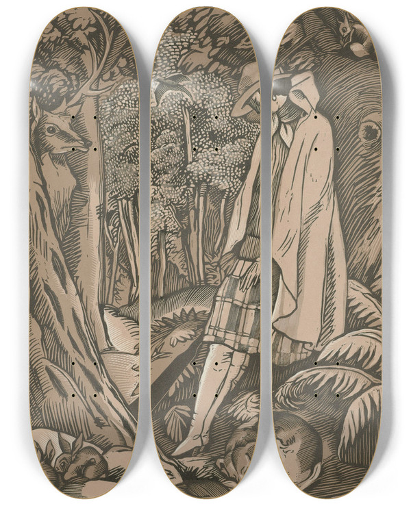 Triptych art skateboard deck of Fernand Simon La Chasseresse by Fernand Simeon (1884-1928)