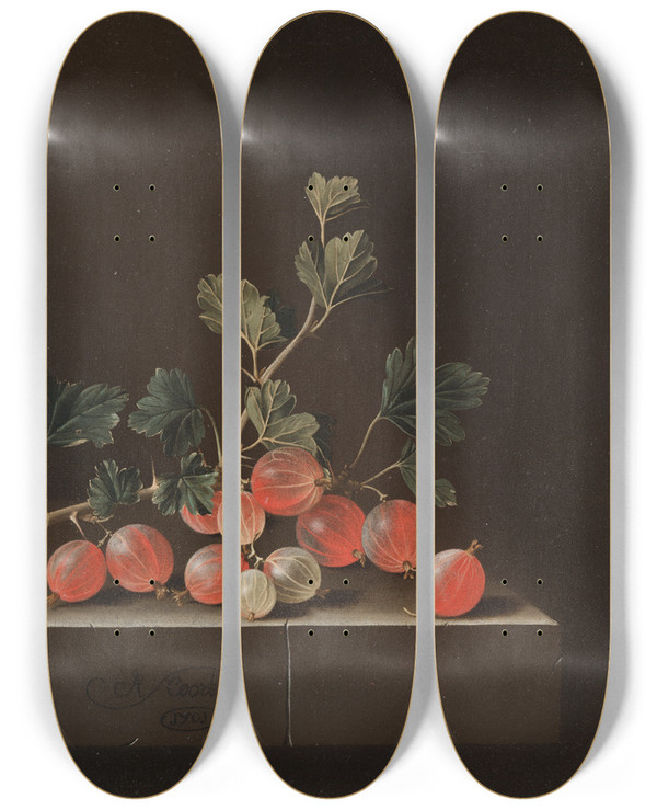 Triptych art skateboard deck of Adriaen Coorte Gooseberries On A Table by Adriaen Coorte (1660-1707)