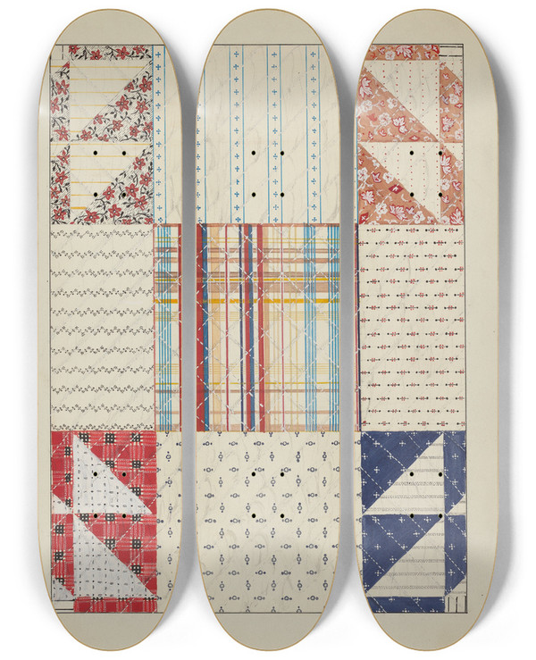 Triptych art skateboard deck of Margaret Linsley Quilt Patchwork by Margaret Linsley