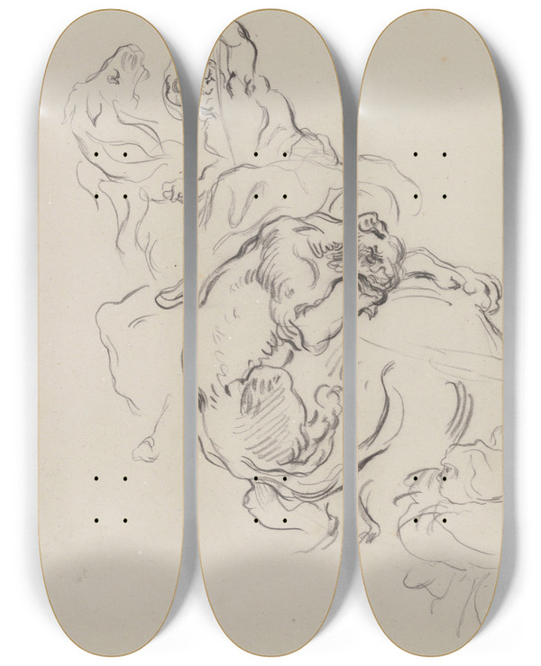 Triptych art skateboard deck of James Ensor Study Of The Lion Hunt by James Ensor (1860-1949)