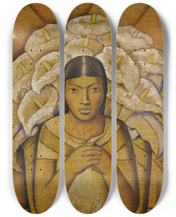 Triptych art skateboard deck of Alfredo Ramos Martnez Vendedora De Alcatraces by Alfredo Ramos Martinez (1871-1946)