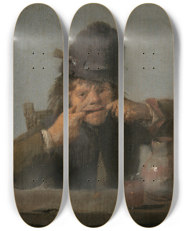 Triptych art skateboard deck of Adriaen Brouwer Youth Making A Face by Adriaen Brouwer (1605-1638)