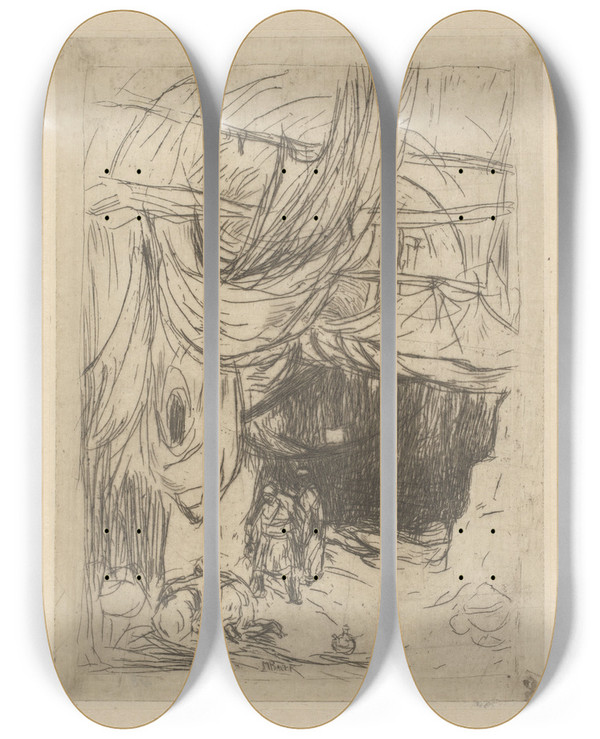 Triptych art skateboard deck of Marius Bauer Bazaar Met Drie Mannen by Marius Bauer (1867-1932)