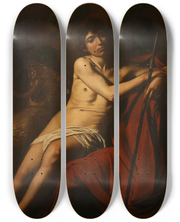 Triptych art skateboard deck of Caravaggio Saint John The Baptist_3 by Caravaggio (1571-1610)