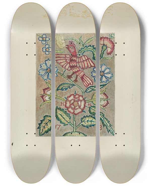 Triptych art skateboard deck of Ella Josephine Sterling Sampler by Ella Josephine Sterling