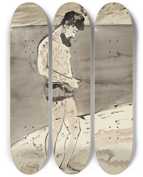Triptych art skateboard deck of Hermann Lismann Brtiger Mann In Badehose An Der Cte Dazur by Hermann Lismann (1878-1943)