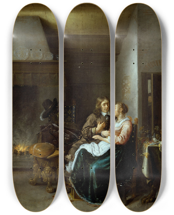 Triptych art skateboard deck of Jan Miense Molenaer A Couple In An Interior by Jan Miense Molenaer (1610-1668)