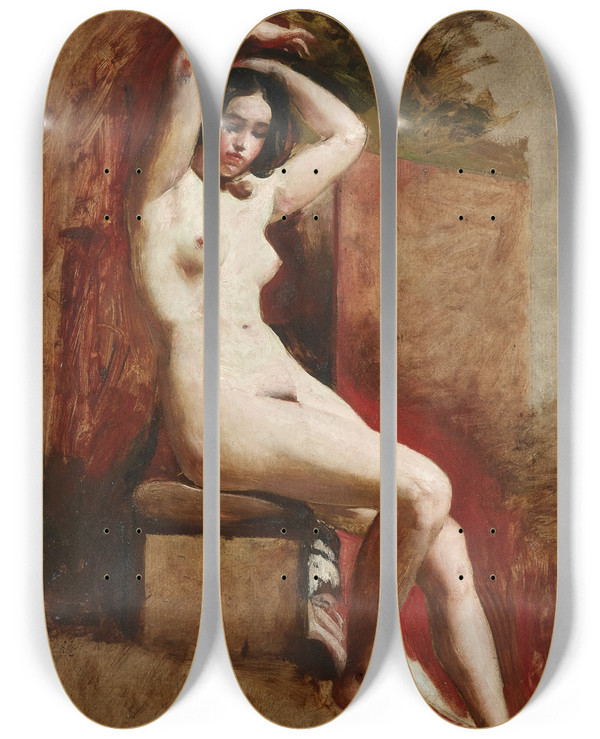 Triptych art skateboard deck of William Etty Seated Academic Nude by William Etty (1787-1849)