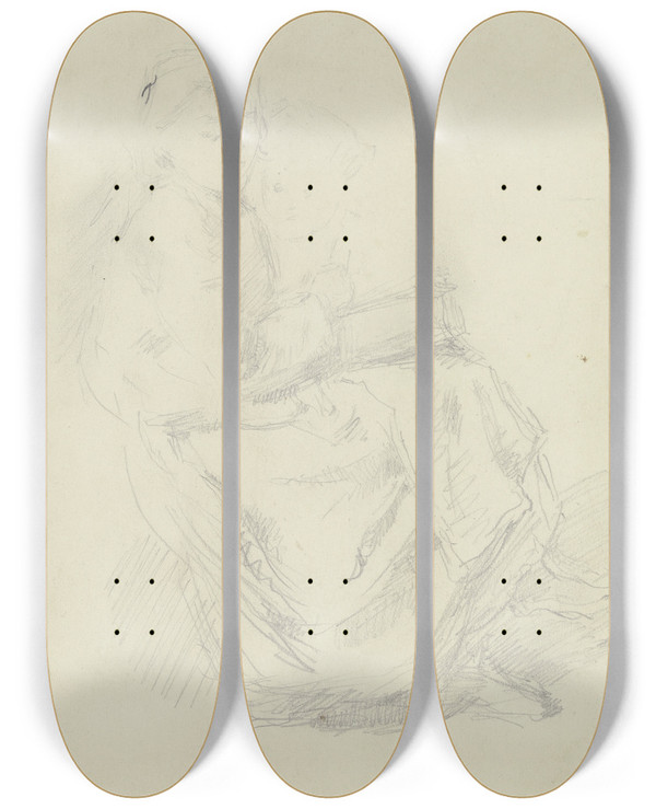 Triptych art skateboard deck of Angilbert Gbel Sitzendes Mdchen Nach Rechts Mit Buch Auf Dem Scho by Angilbert Gobel (1821-1882)