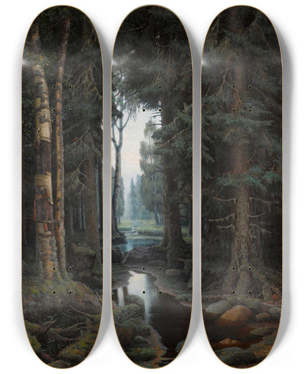 Triptych art skateboard deck of Vladimir Arkhipovich Bondarenko Forest Stream by Vladimir Arkhipovich Bondarenko (1866-1900)