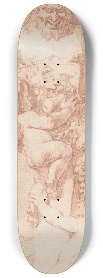 Jacob de Wit - Design for a Panel with Four Putti Decorating a Herm (Terminal Figure) with Garlands of Fruit and Foliage 8.25 inch art skate deck
