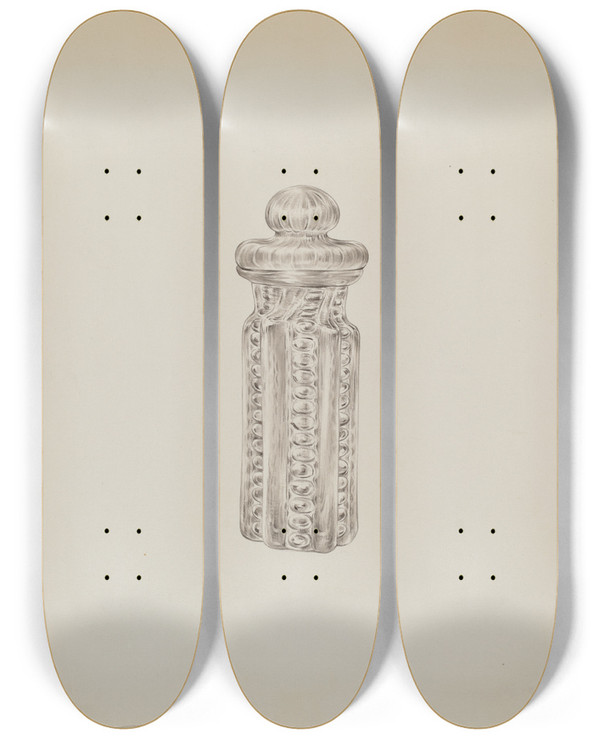 Triptych art skateboard deck of Elisabeth Fulda Mustard Pot by Elisabeth Fulda