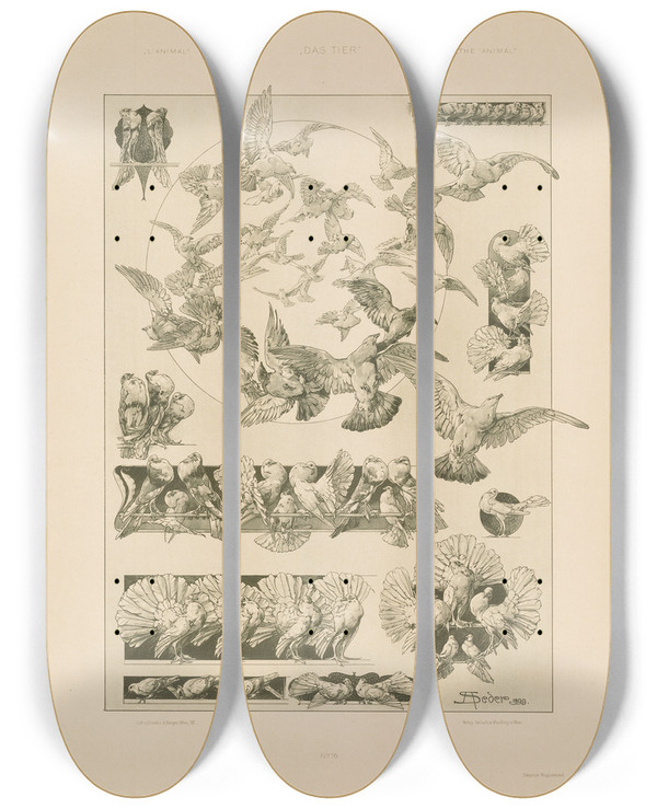 Triptych art skateboard deck of Anton Seder Das Thier In Der Decorativen Kunst Pl17 by Anton Seder (1850-1916)
